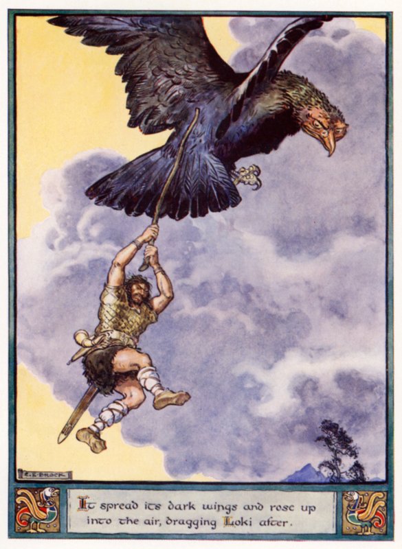 Extendió sus alas oscuras y se elevó en el aire, arrastrando a Loki tras él de after Charles Edmund Brock