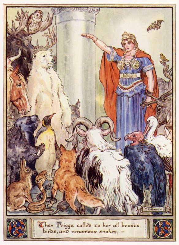 Entonces Frigga llamó a todas las bestias, aves y serpientes venenosas de after Charles Edmund Brock