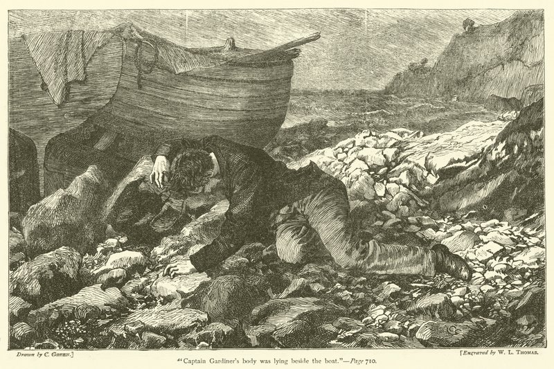 El cuerpo del Capitán Gardiner yacía junto al bote de after Charles Green