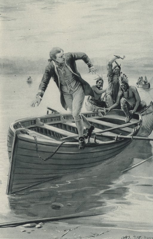El Capitán James Cook salta de su bote mientras los Indios Rojos saltan dentro de after Charles Mills Sheldon