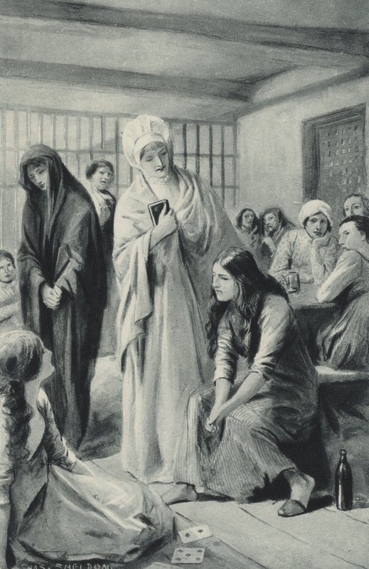 Elizabeth Fry entrando y saliendo libremente de las mazmorras de Newgate de after Charles Mills Sheldon