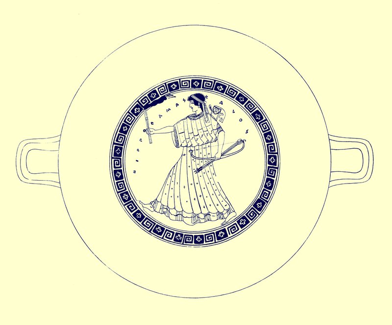 Artemisa con arco, flecha y antorcha, ilustración de Pinturas de Vasos Griegos por J. E. Harrison y D. S. MacColl, publicada en 1894 (imagen digitalmente mejorada) de after English School