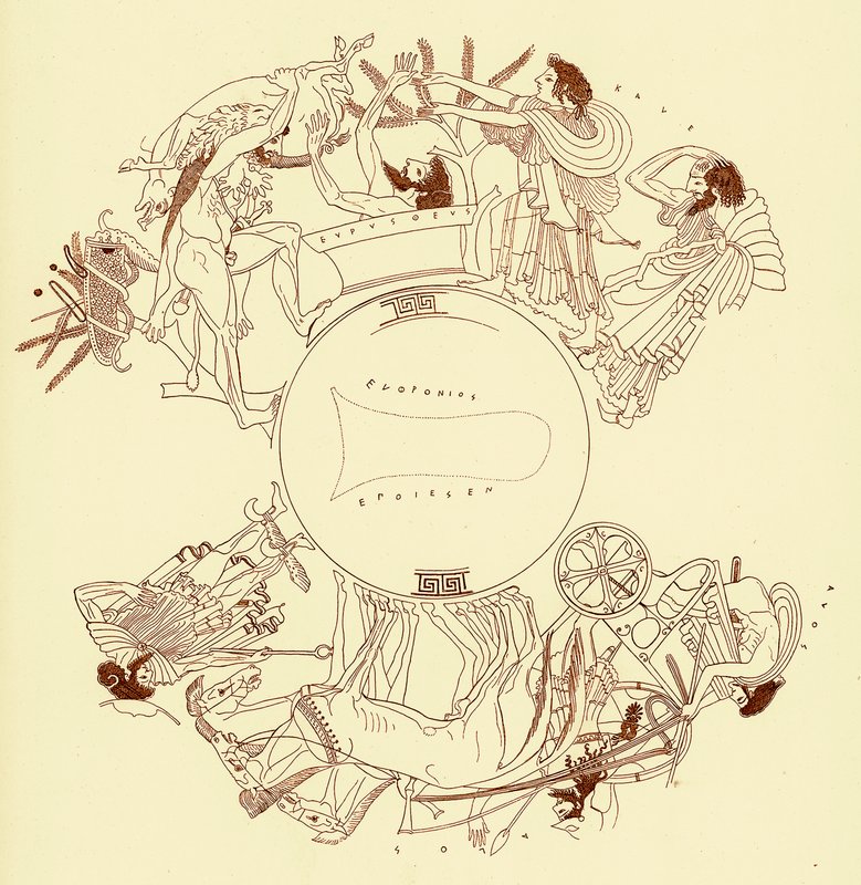 Heracles y Euristeo, ilustración de Pinturas de Vasos Griegos por J. E. Harrison y D. S. MacColl, publicada en 1894 (imagen digitalmente mejorada) de after English School