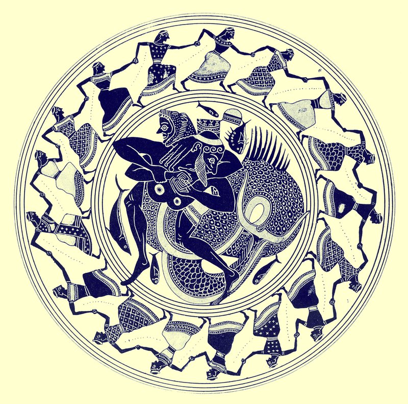 Heracles luchando con Tritón, ilustración de Pinturas de Vasos Griegos por J. E. Harrison y D. S. MacColl, publicada en 1894 (imagen digitalmente mejorada) de after English School