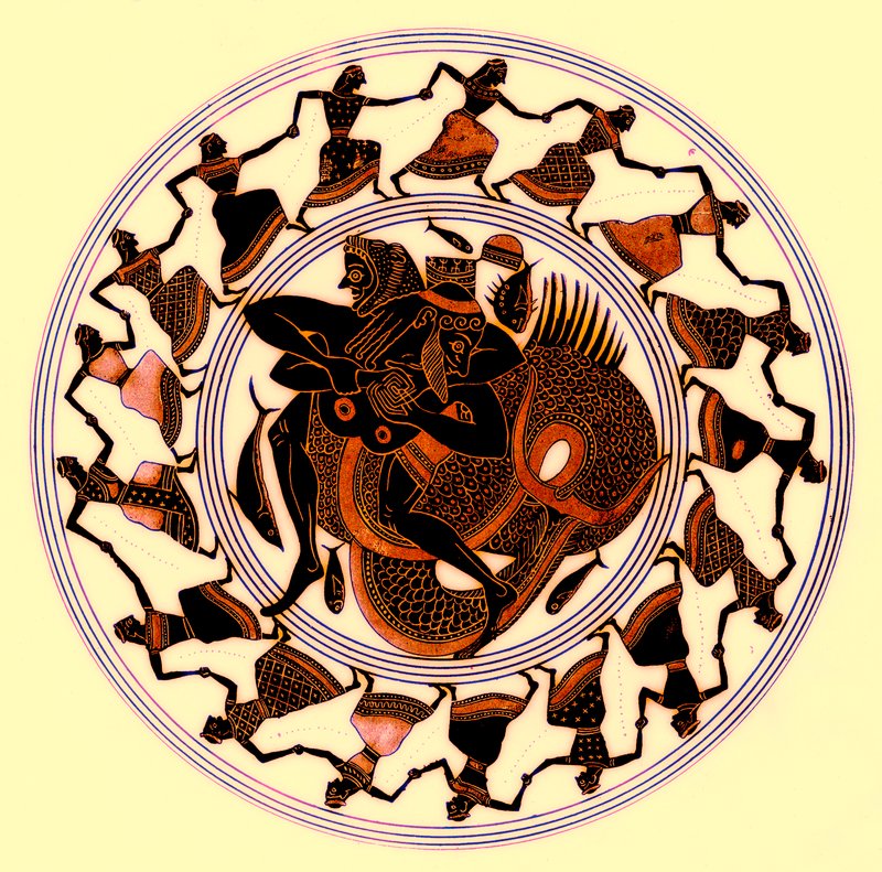Heracles luchando con Tritón, ilustración de Pinturas de Vasos Griegos por J. E. Harrison y D. S. MacColl, publicada en 1894 (imagen digitalmente mejorada) de after English School