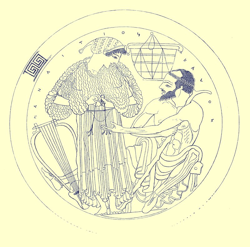 Interior de Cílice por Eufronio, ilustración de Pinturas de Vasos Griegos por J. E. Harrison y D. S. MacColl, publicada en 1894 (imagen digitalmente mejorada) de after English School