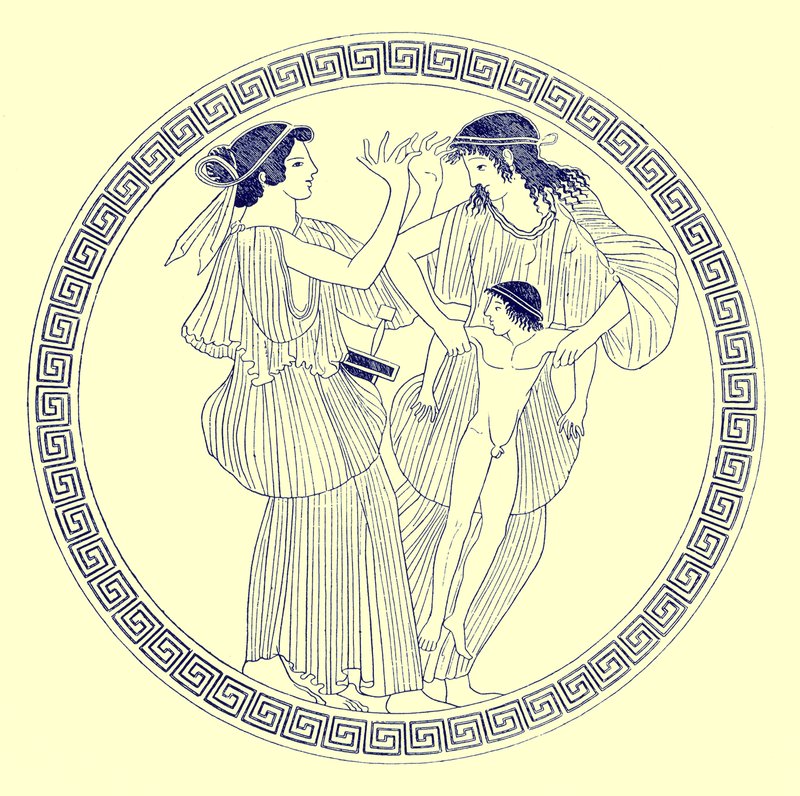 Procne, Filomela e Itis, ilustración de Pinturas de Vasos Griegos por J. E. Harrison y D. S. MacColl, publicada en 1894 (imagen digitalmente mejorada) de after English School