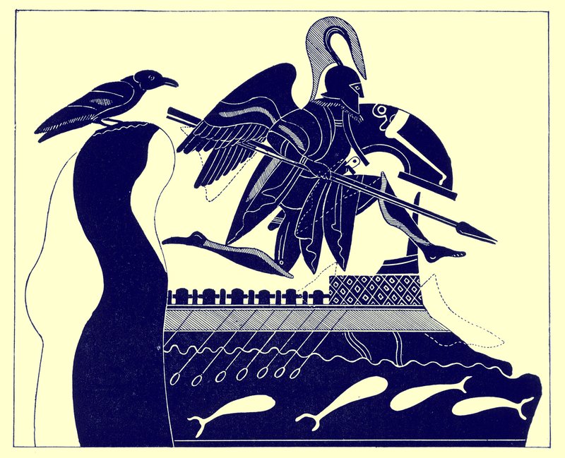 El fantasma de Patroclo, ilustración de Pinturas de Vasos Griegos por J. E. Harrison y D. S. MacColl, publicada en 1894 (imagen digitalmente mejorada) de after English School