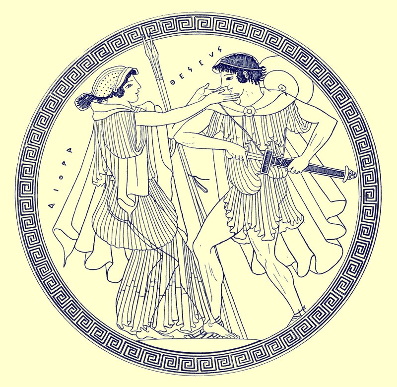 Teseo y Etra, ilustración de Pinturas de Vasos Griegos por J. E. Harrison y D. S. MacColl, publicada en 1894 (imagen digitalmente mejorada) de after English School