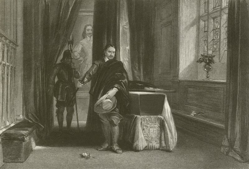 Cromwell viendo el cuerpo de Carlos I, una sombra se movió a través de su frente de after George Cattermole