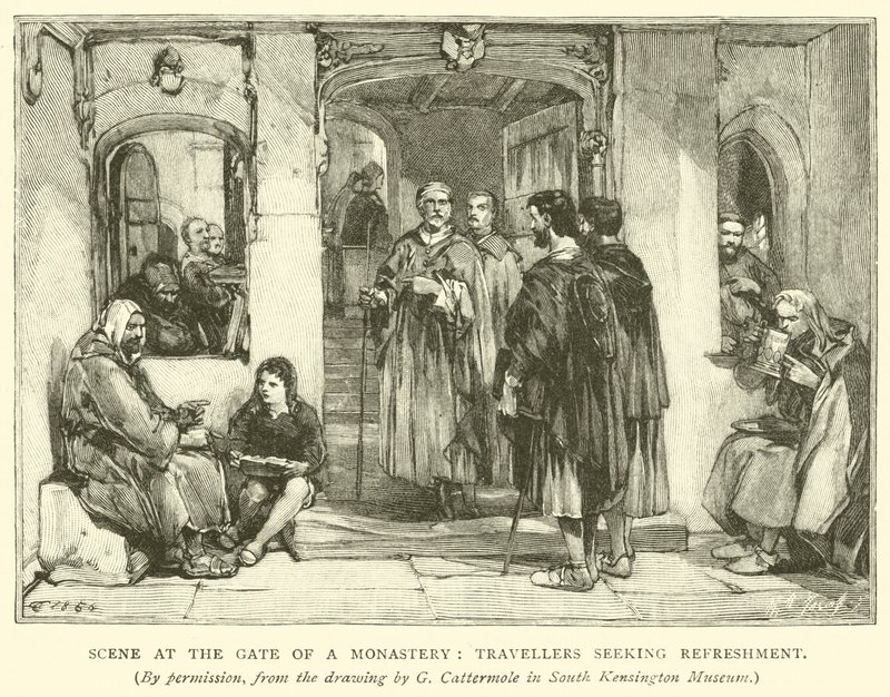 Escena en la puerta de un monasterio, viajeros buscando refresco de after George Cattermole