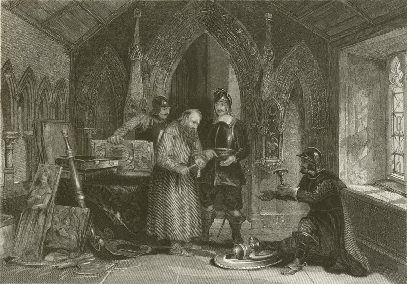 Soldados vendiendo saqueo de la iglesia durante la Gran Guerra Civil de after George Cattermole