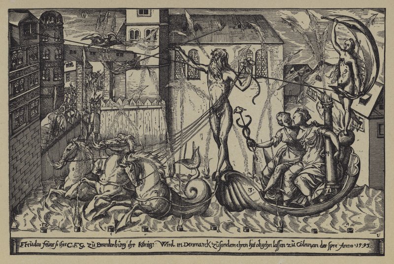 Fuegos artificiales en el castillo del Margrave de Brandeburgo en Colln en el río Spree con motivo de la visita del Rey Christian IV de Dinamarca, 10 de octubre de 1595 de after German School