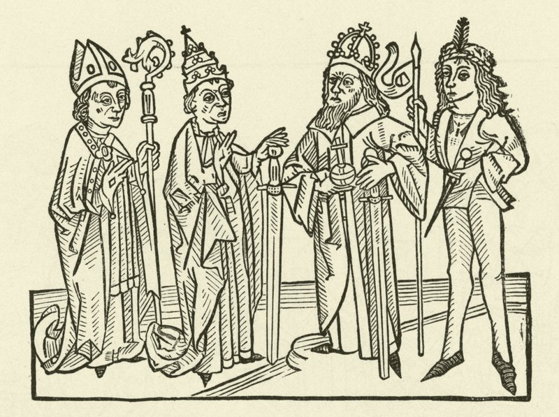 El Emperador del Sacro Imperio Romano y el Papa, acompañados por un caballero y un obispo, sosteniendo espadas, simbolizando el poder judicial en sus tierras de after German School