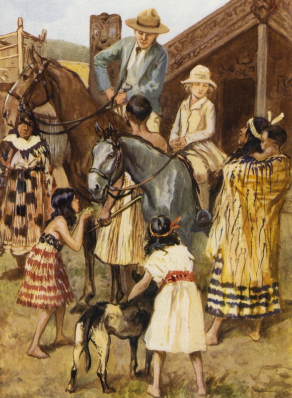 Visitantes en un pueblo modelo maorí de after Gordon Frederick Browne