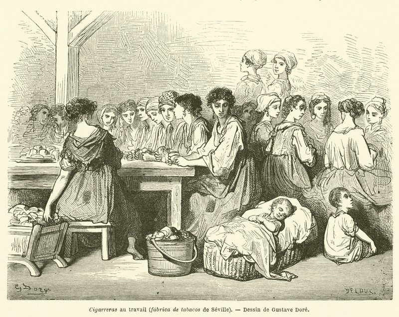Cigarreras trabajando, fábrica de tabacos de Sevilla de Gustave after Dore