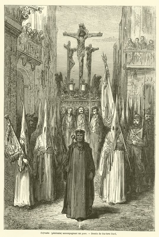 Cofrades (penitentes) acompañando un paso de Gustave after Dore