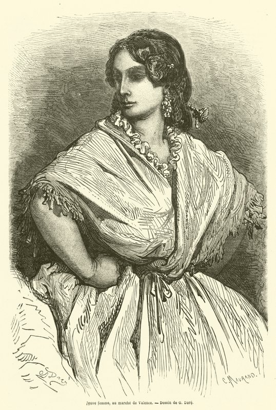 Joven mujer, en el mercado de Valencia de Gustave after Dore
