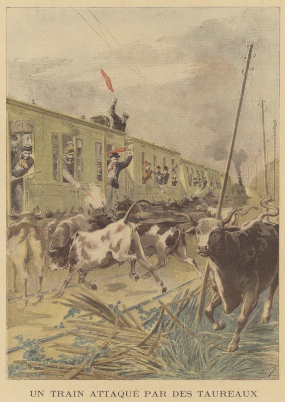 Un tren atacado por toros de after Henri Meyer