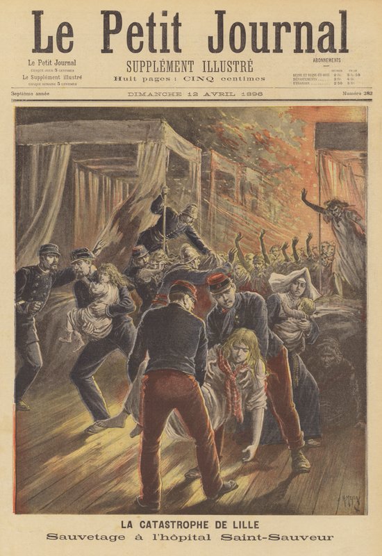 Soldados rescatando pacientes de un incendio en el Hospital Saint-Sauveur, Lille de after Henri Meyer