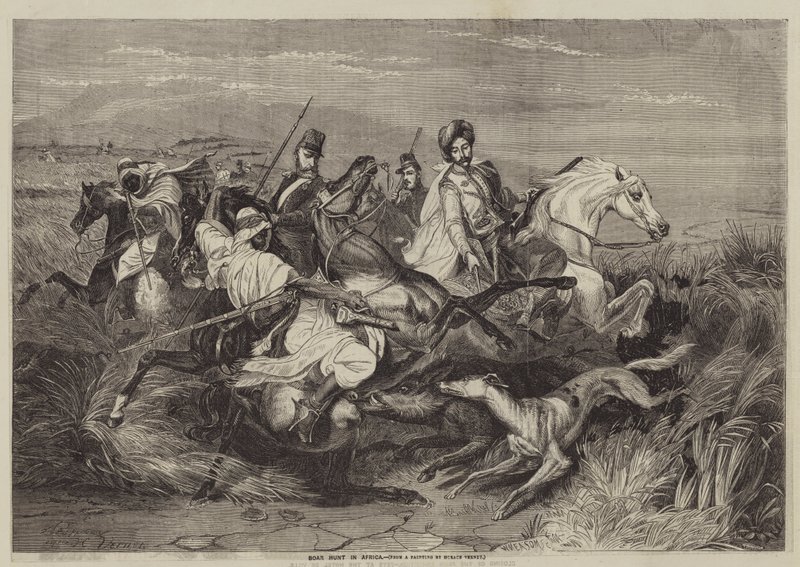 Caza de jabalíes en África de after Horace Vernet