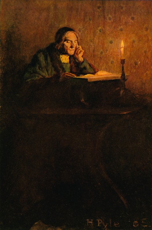 Un caballero pulcro y arrugado sentado en un escritorio de after Howard Pyle