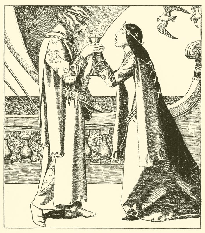 Belle Isoult y Sir Tristram beben el brebaje de amor de after Howard Pyle