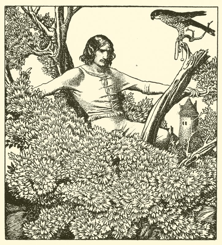 Sir Launcelot sube a atrapar el halcón de la dama de after Howard Pyle
