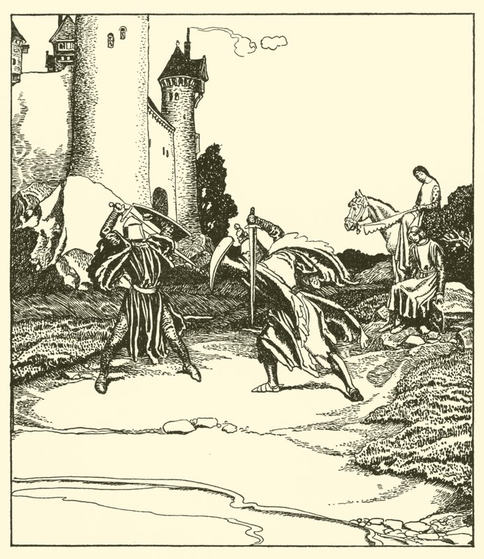 Sir Launcelot lucha con Sir Turquine de after Howard Pyle