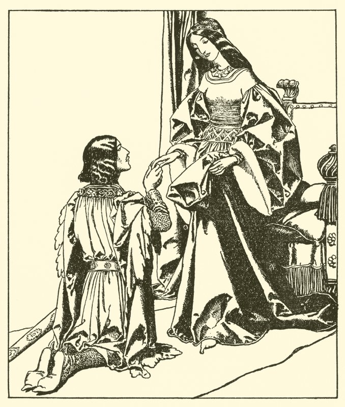 Sir Launcelot saluda a la Reina Ginebra de after Howard Pyle