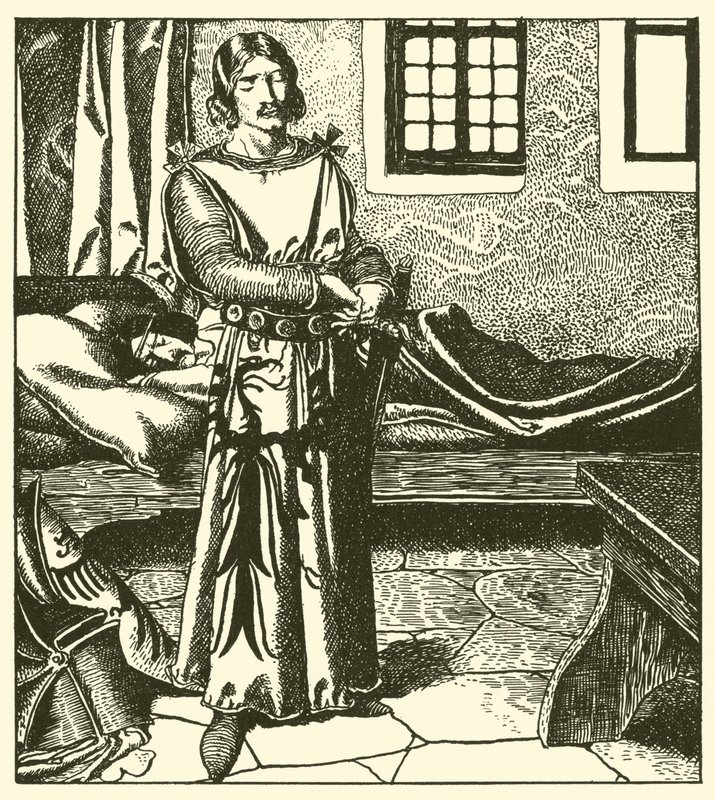 Sir Launcelot toma la armadura de Sir Kay de after Howard Pyle