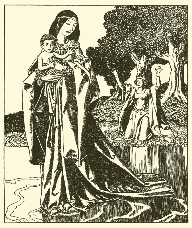La Dama Nymue lleva a Launcelot al Lago de after Howard Pyle