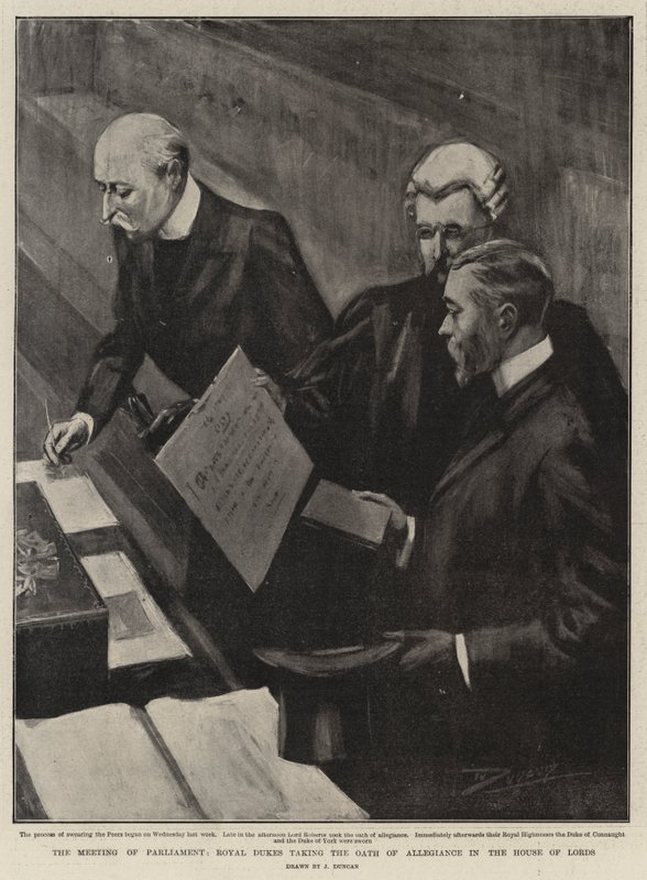 La reunión del Parlamento, los Duques Reales prestando el Juramento de Lealtad en la Cámara de los Lores de after John Duncan