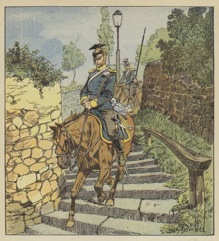 En Chateaudun, Dos ulanos perseguidos bajan a caballo la escalera de piedra de 200 escalones de after Louis Charles Bombled