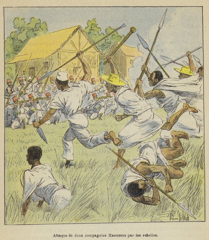 Ataque de dos compañías Haoussas por los rebeldes de after Louis Charles Bombled