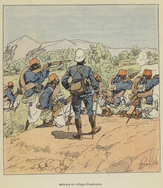 Ataque al pueblo de Andratra de after Louis Charles Bombled