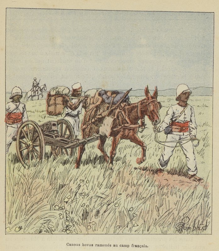 Cañones hovas llevados al campamento francés de after Louis Charles Bombled