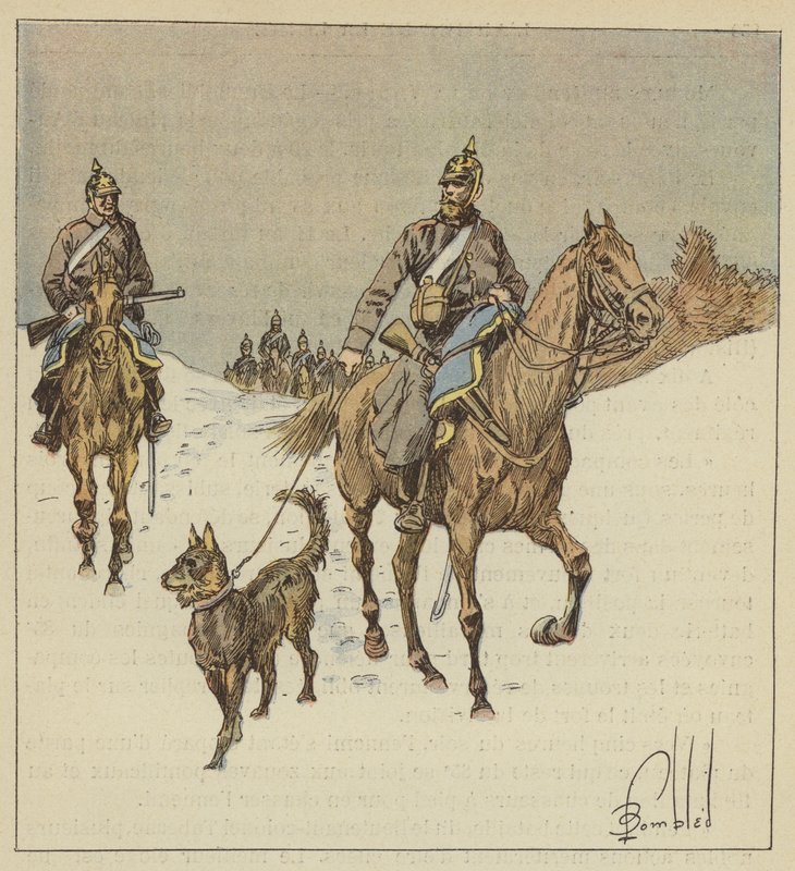 Jinetes prusianos en reconocimiento, precedidos de perros llevados con correa de after Louis Charles Bombled