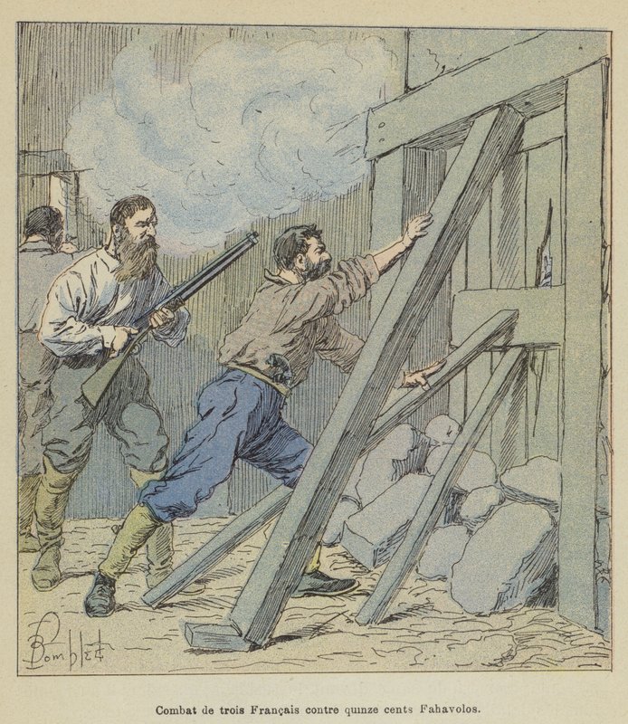 Combate de tres franceses contra mil quinientos Fahavolos de after Louis Charles Bombled