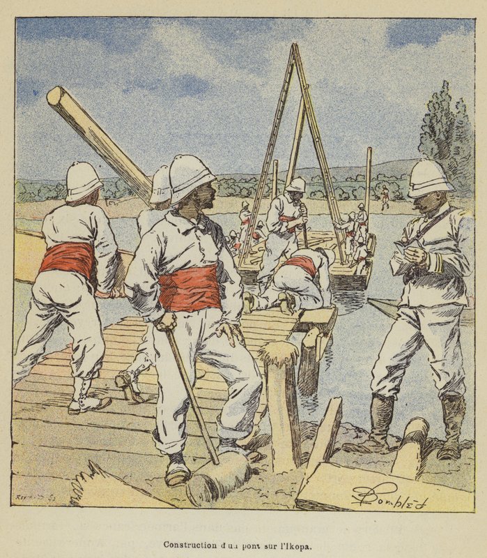 Construcción de un puente sobre el Ikopa de after Louis Charles Bombled