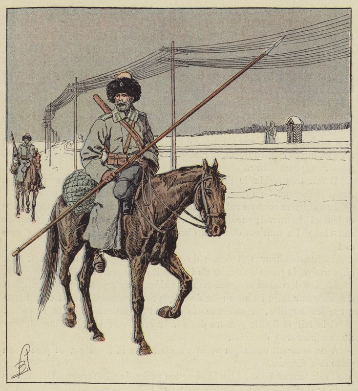 Cosacos del Amur guardando la vía férrea del Transiberiano de after Louis Charles Bombled