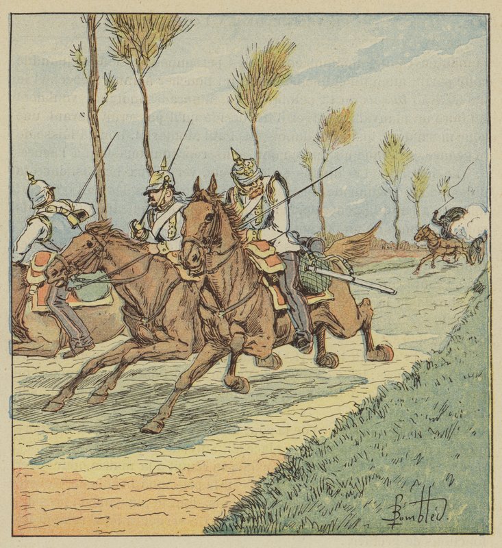 Coraceros prusianos perseguidos por los francotiradores de after Louis Charles Bombled