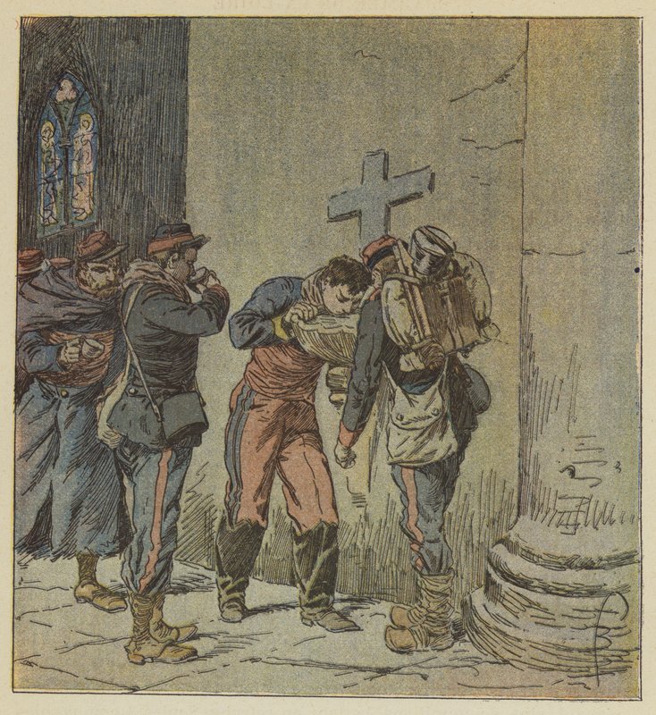 En la iglesia de Villiers, los prisioneros franceses muriendo de sed se reparten el contenido de una pila de agua bendita de after Louis Charles Bombled
