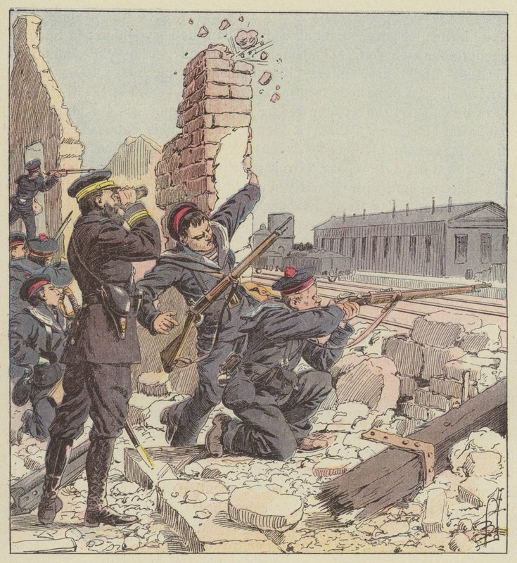 Defensa de la estación de Tien-Tsin por los fusileros marinos de after Louis Charles Bombled