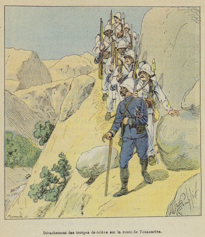 Destacamento de tropas de relevo en la ruta de Tananarive de after Louis Charles Bombled