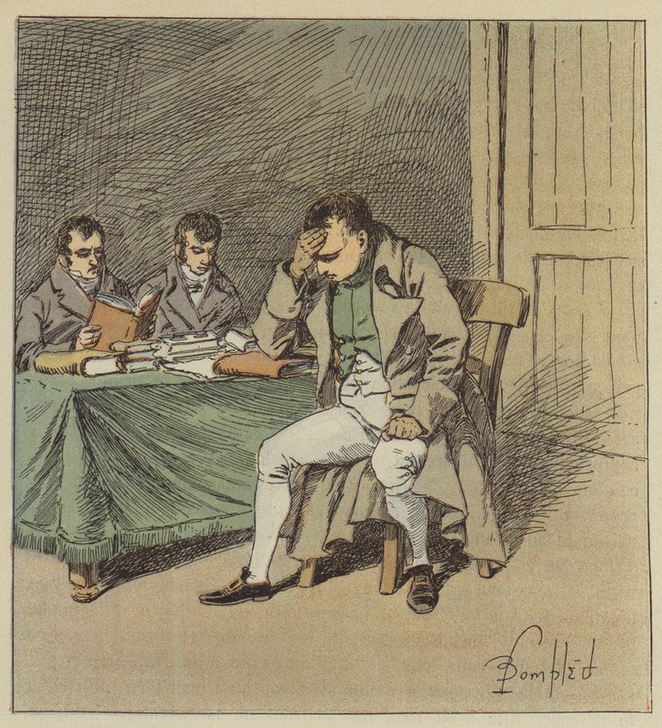 Y Napoleón guardó silencio unos instantes, con la cabeza apoyada en una de sus manos de after Louis Charles Bombled