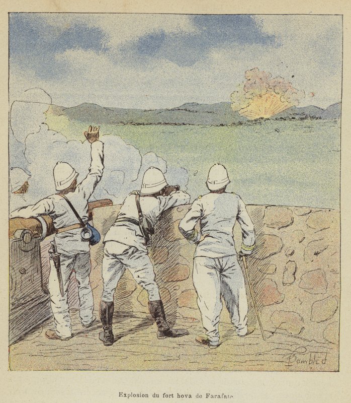 Explosión del fuerte hova de Farafate de after Louis Charles Bombled