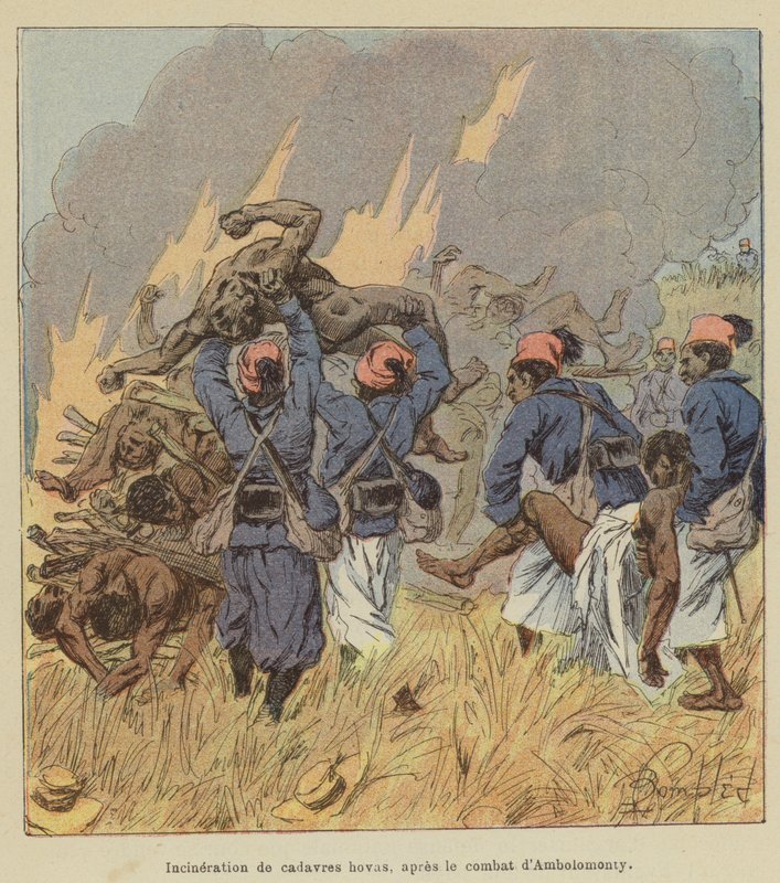 Incineración de cadáveres hovas, después del combate de Ambolomonty de after Louis Charles Bombled