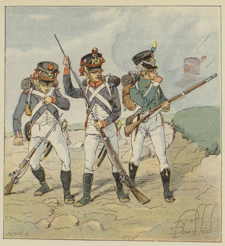 Guardia joven, 1806, Conscripto-granadero, Tirador-granadero, Flanqueador-cazador de after Louis Charles Bombled