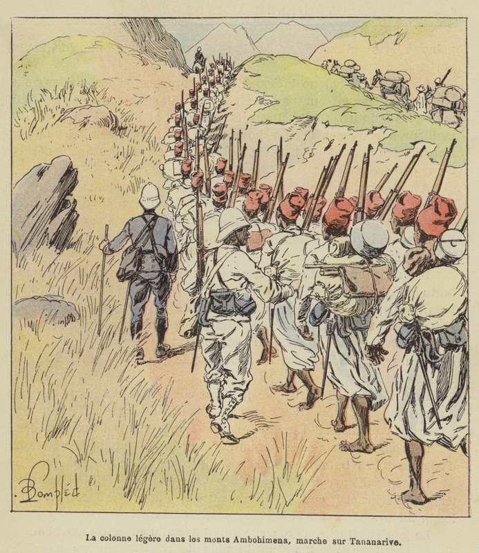 La columna ligera en los montes Ambohimena, marcha hacia Tananarive de after Louis Charles Bombled